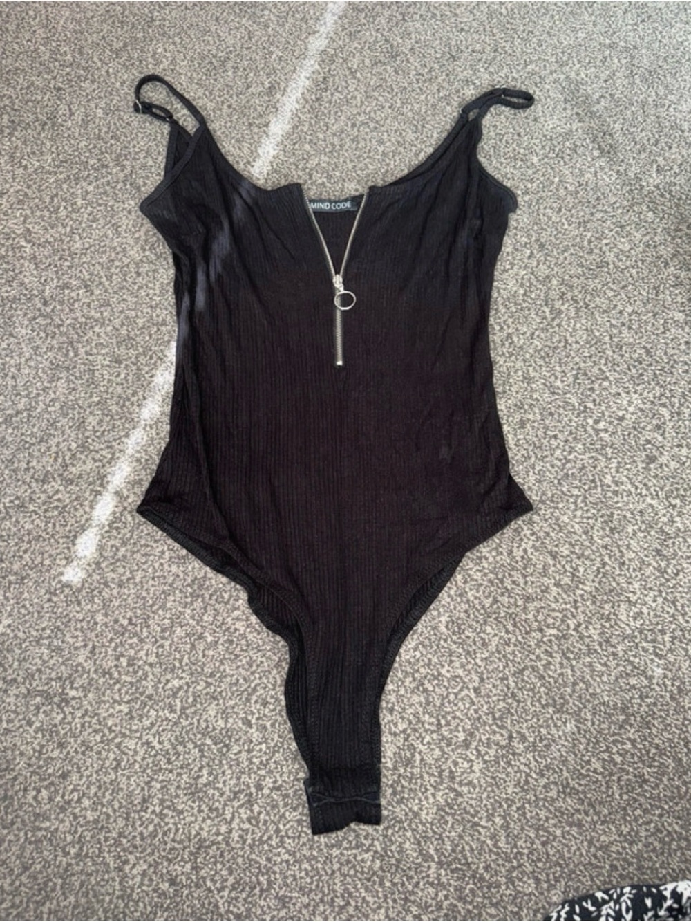 Black Ribbed Bodysuit Thong Zip Front Women’s Size Medium